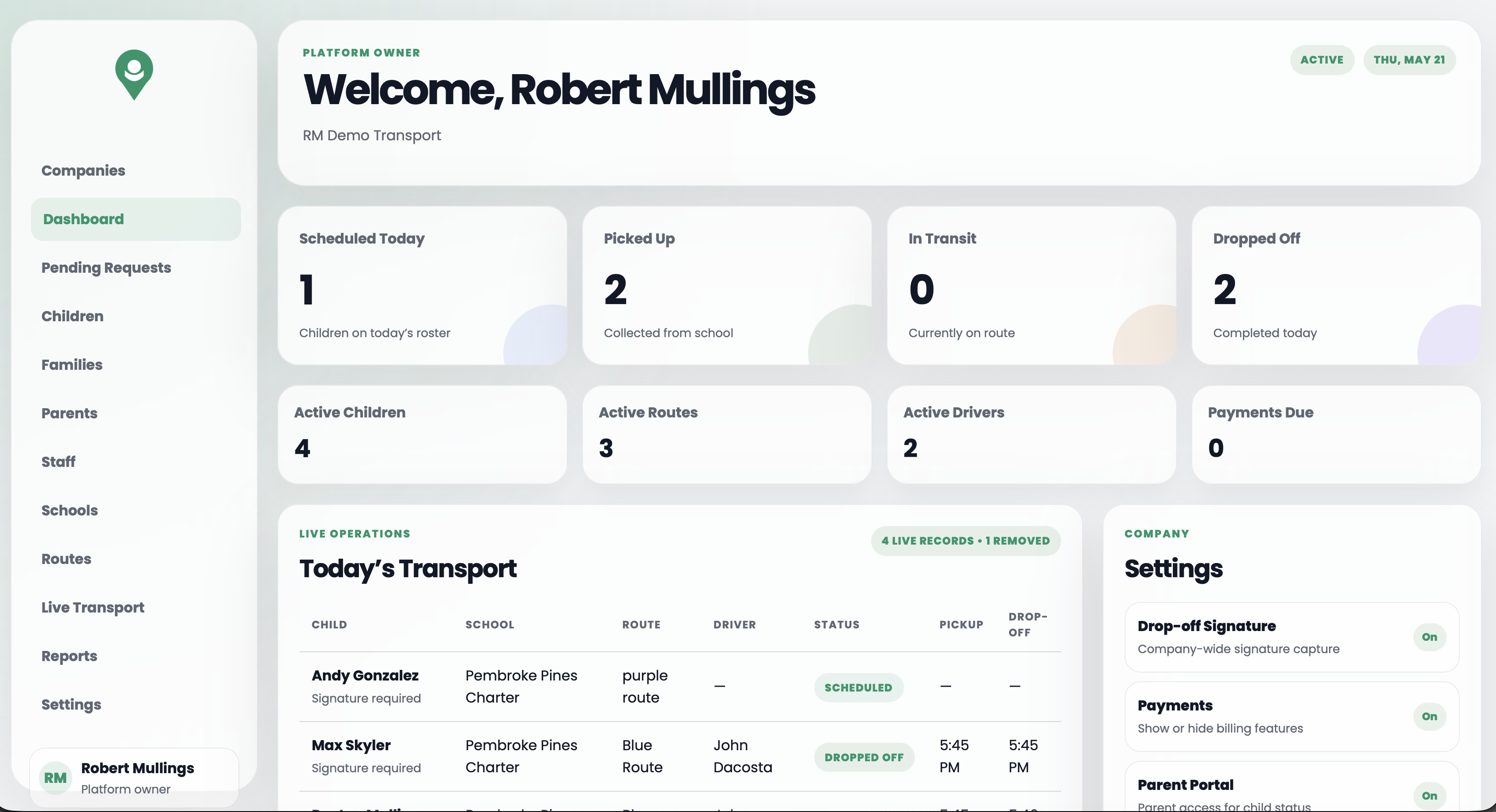 Kidtrackr live transport dashboard preview